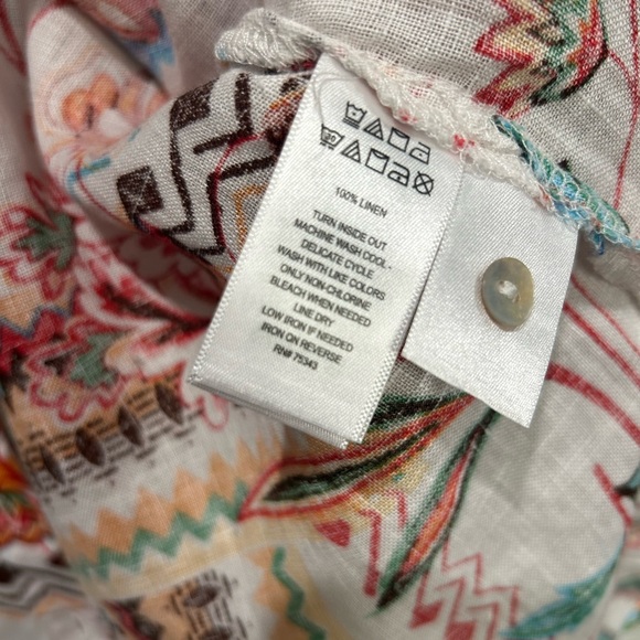 H Halston Heritage Linen Multicolor Boho Floral Button Front Top Blouse - Picture 4 of 6